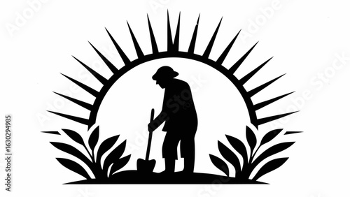 Silhouette of a farmer digging with a shovel under a sun with foliage in a black and white design