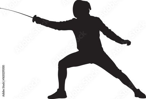 A detailed silhouette of a fencer in a lunge position with a foil sword and protective gear
