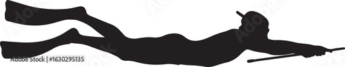 A detailed silhouette of a person snorkeling with flippers a mask and a pole.