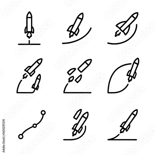 Rocket Trajectory Icons. Outline icon set of launch trajectories: vertical ascent, pitch maneuver, gravity turn, booster