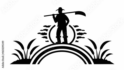 Silhouette of a farmer with a hat and tool standing over a bridge with plants and a circular element behind