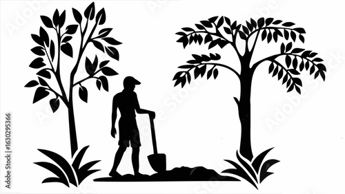 Silhouette of a man digging a hole with a shovel between two trees in a black and white illustration