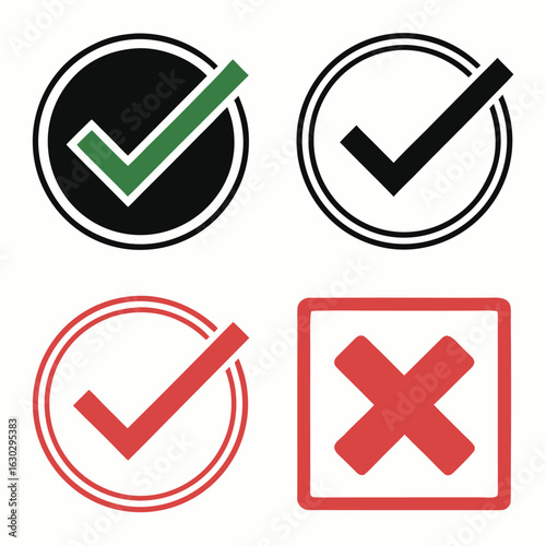 Vector art of check marks and crosses isolated on white background representing validation, approval, and rejection in various contexts