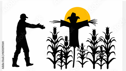 Silhouette of a farmer reaching towards a scarecrow in a cornfield under a yellow sun with a hat on its head
