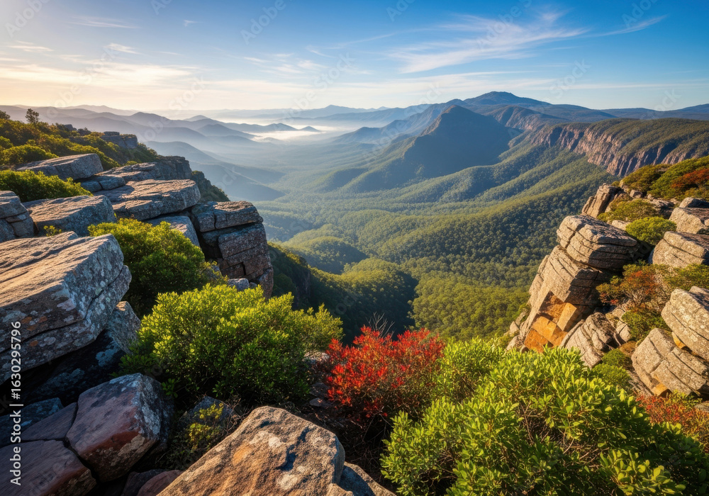 Obraz premium Majestic mountain valley vista with rocky cliffs and lush green forest landscape nature