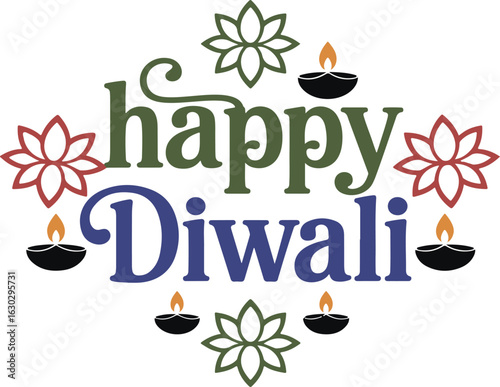 Festive happy diwali vector illustration with colorful lamps and floral decorations