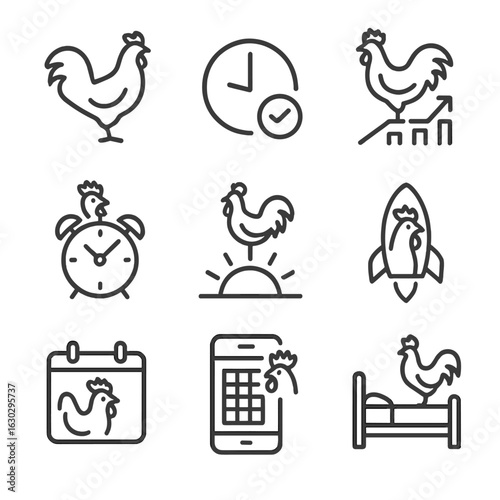 Rooster Icon Set. Outline icon set of rooster metaphor and idioms: early bird silhouette, time management icon, productivity chart