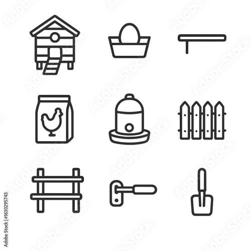 Rooster Coop Icons. Outline icon set of rooster coop and habitat: wooden coop outline, nesting box icon, perch silhouette, feed