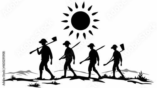 Silhouettes of farmers walking with tools under a bright sun in a field landscape illustration