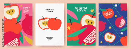 Rosh Hashana, Rosh Hashanah, Jewish New Year greeting card, cover, web or social media banner set. Hand drawn illustration, vector design with apple and pomegranate pattern in trendy modern art style