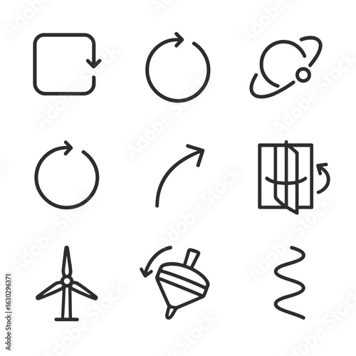 Rotational Motion Icons. Outline icon set of rotational movement: rotating object, circular motion, orbit, turn, twist, revolving