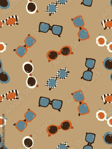 Retro sunglasses seamless vector pattern toss quirky summer eyewear on tan background