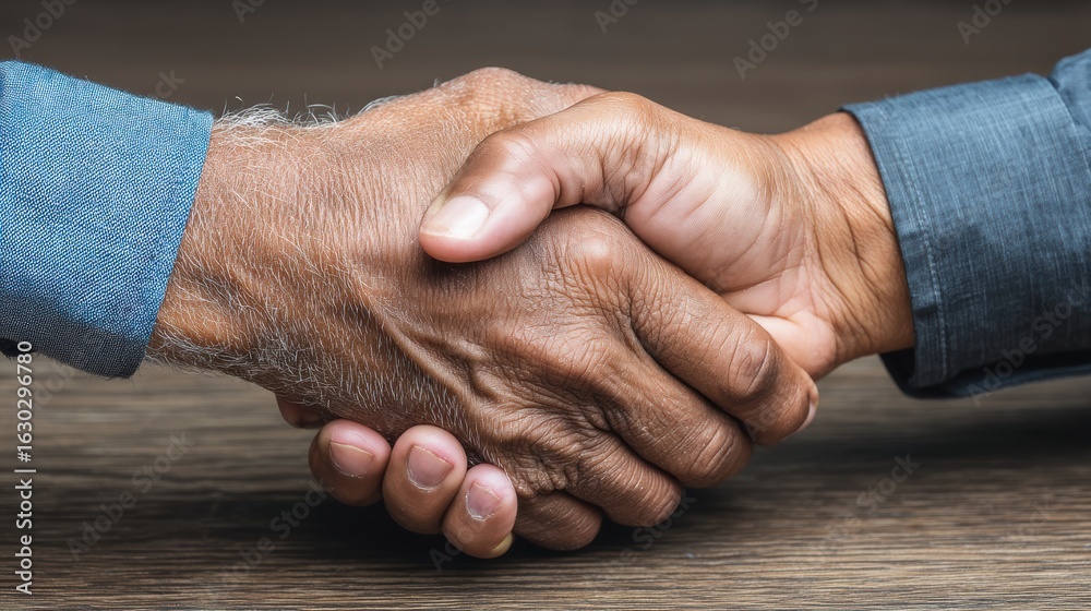 Fototapeta premium Handshake between two men in formal attire symbolizing agreement or partnership on a wooden surface