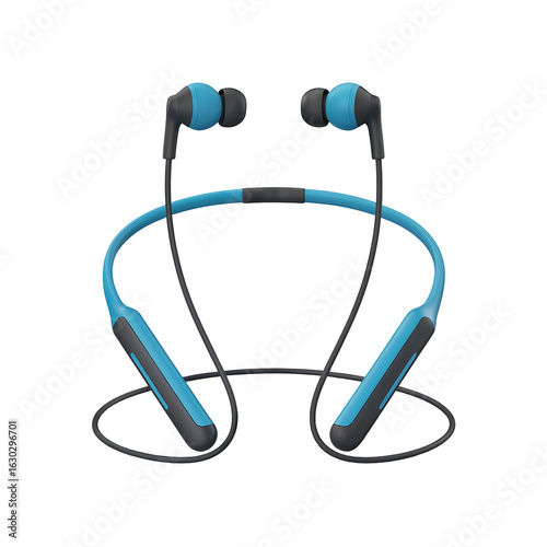 Modern blue wireless neckband earphones with earbuds and a flexible band isolated on transparent background