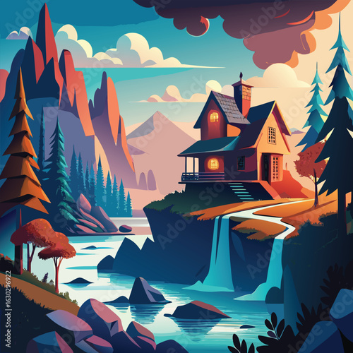 fantasy river with a magical cottage on rocks vector.
