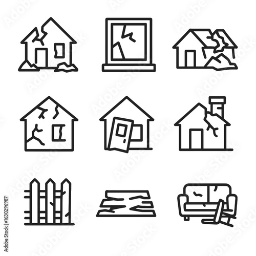 Ruined House Icons. Outline icon set of ruined homes and buildings: destroyed house, broken window, collapsed roof, cracked walls,