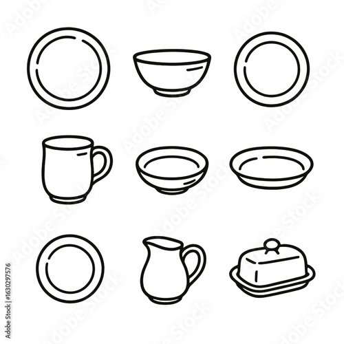 Rustic Tableware Icons. Outline icon set of rustic stoneware tableware: stoneware dinner plate, soup bowl, salad plate, handled
