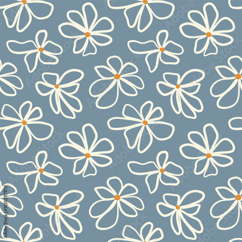 Playful daisy seamless vector pattern cream hand-drawn flowers and orange centers blue background