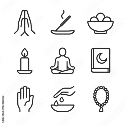 Sacred Ritual Icons. Outline icon set of sacred rituals: prayer hands, incense stick, offering bowl, candle flame, meditation pose