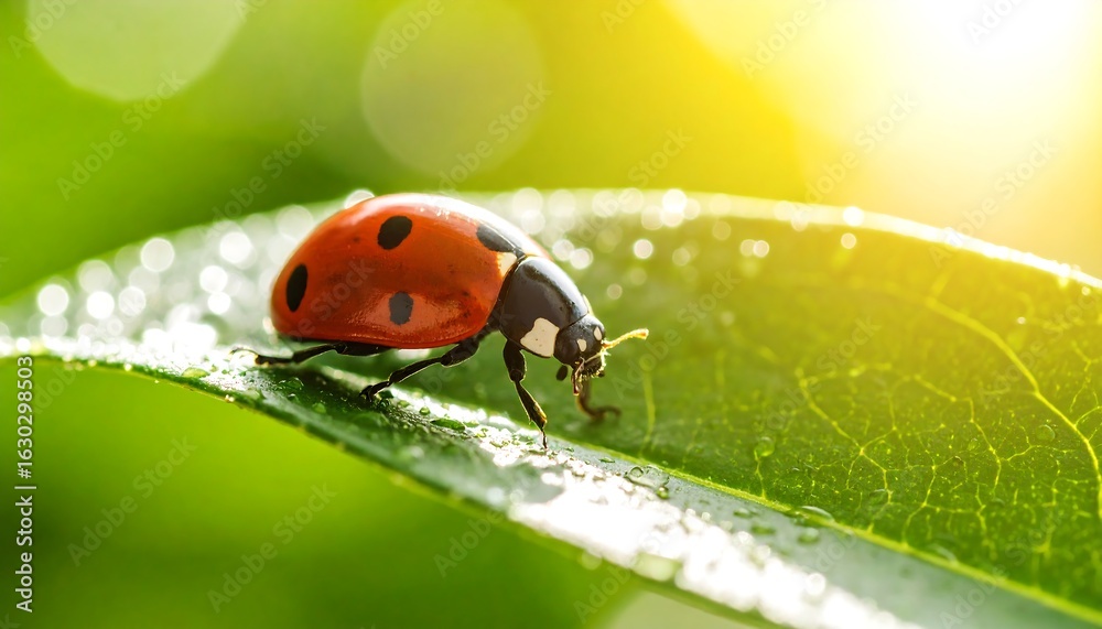 Obraz premium Close-up of a ladybug on a leaf with water droplets in the sunlight