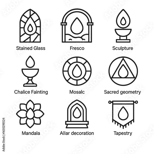 Sacred Symbology Icons. Outline icon set of sacred blood symbols in art: stained glass, fresco, sculpture, chalice painting,