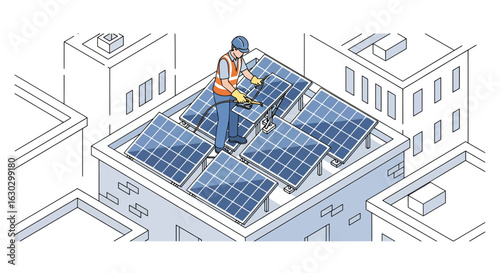 Solar panel maintenance worker rooftop urban cityscape