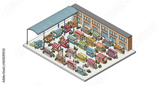 Marketplace scene with stalls and awning, public space
