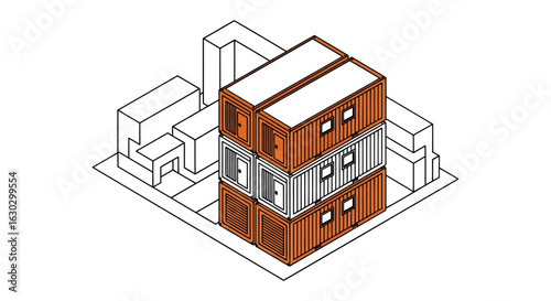Stacked shipping container house modern architecture isometric view