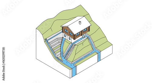 Mountain house on hillside with stream and stairs