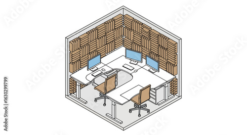 Office cubicle interior with acoustic panels and workstations