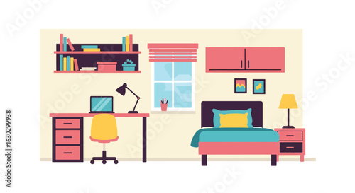 A modern flat illustration of a cozy bedroom interior with a desk, bed, and window.