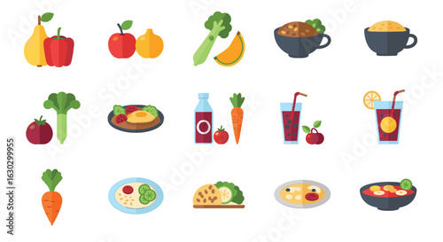A collection of colorful flat icons representing healthy foods, fruits, vegetables, and prepared meals.