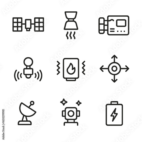 Satellite Icon Collection. Outline icon set of low Earth orbit satellite features: solar panels, propulsion system, onboard
