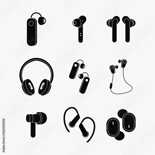 Minimalist Headphones and Earbuds Icon Vector Pack. Solid Audio Device Symbols for App, Web, and UI Design