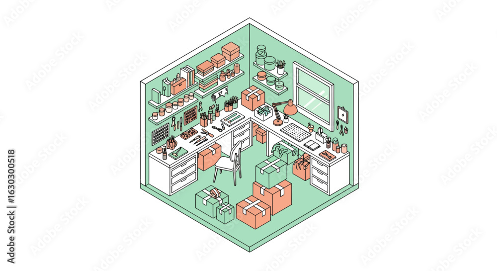 Obraz premium Small business office workspace with shipping boxes and supplies