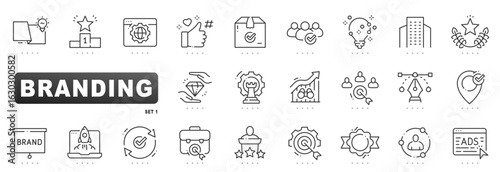 Outline branding icon set showcases brand identity, logo design, digital marketing, audience targeting, product packaging, business growth, and quality assurance