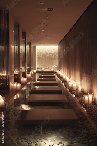 A spa pathway with water features and candles.