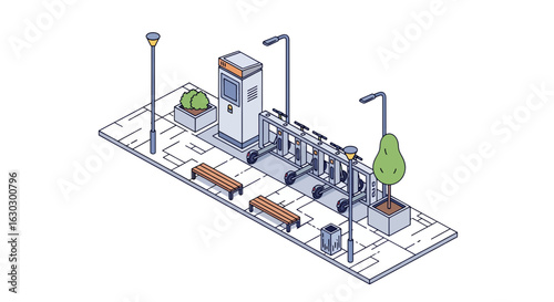 urban transit station with benches and ticket machines