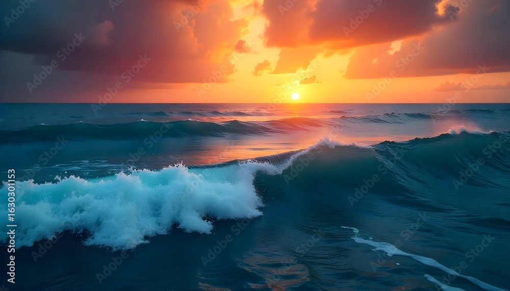 Fototapeta premium Dramatic Ocean Wave Crashing at Sunset: Vibrant Colors, Serene Mood, Coastal Scene