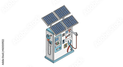 Solar powered gas station with panels and fuel pumps