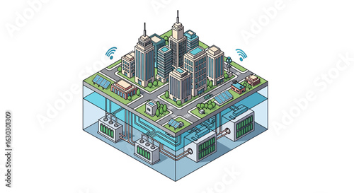 Smart city isometric view with infrastructure and wireless connection