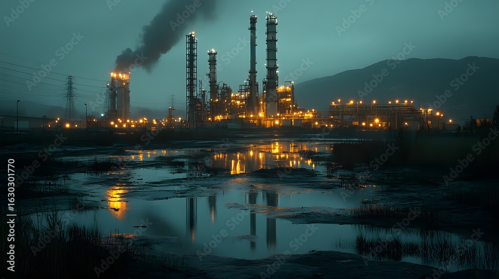 Fototapeta premium Dramatic night scene of an industrial complex with illuminated towers and smoke plumes, reflecting on wet ground. Disaster background evokes a sense of environmental concern and power.