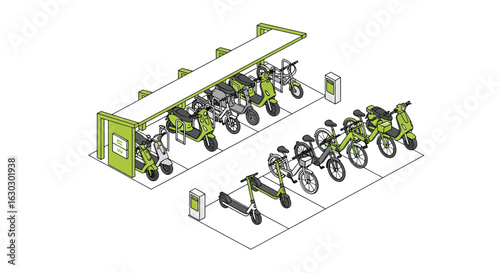 Bike sharing station with scooters and bicycles