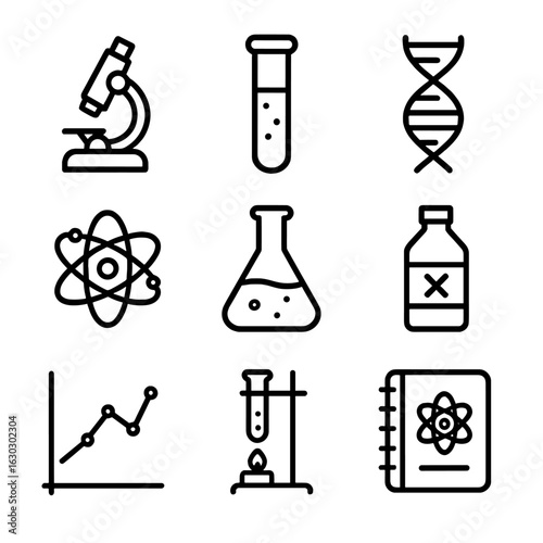 Scientific Icon Grid. Outline icon set of record keeping: clipboard, calendar, file folder, notebook, pen, document, archive box,