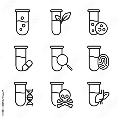 Scientific Test Tube Icons. Outline icon set of test tube scientific disciplines: chemistry, biology, microbiology, pharmacology,