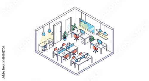 Modern office workspace interior with desks and lighting