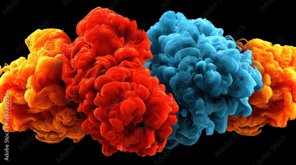 Obraz premium Colorful clouds of ink or paint swirling in vibrant red, blue, and orange hues against a black background create a dynamic visual effect