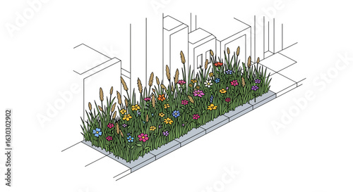 Urban Meadow with Wildflowers and Grass Along City Street