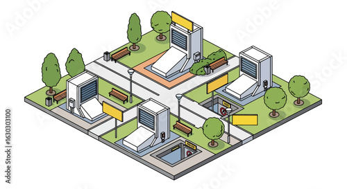 Urban landscape with buildings, trees, and maintenance access signs