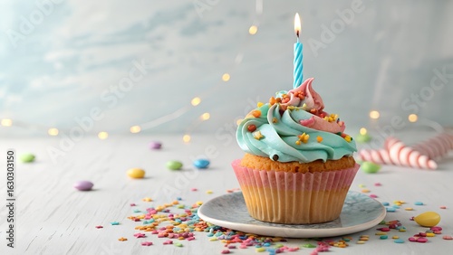 Isolated birthday cupcakes with colorful sprinkles and a lit red candle on top of a pink frosting swirl are a sweet dessert snack for a celebration party